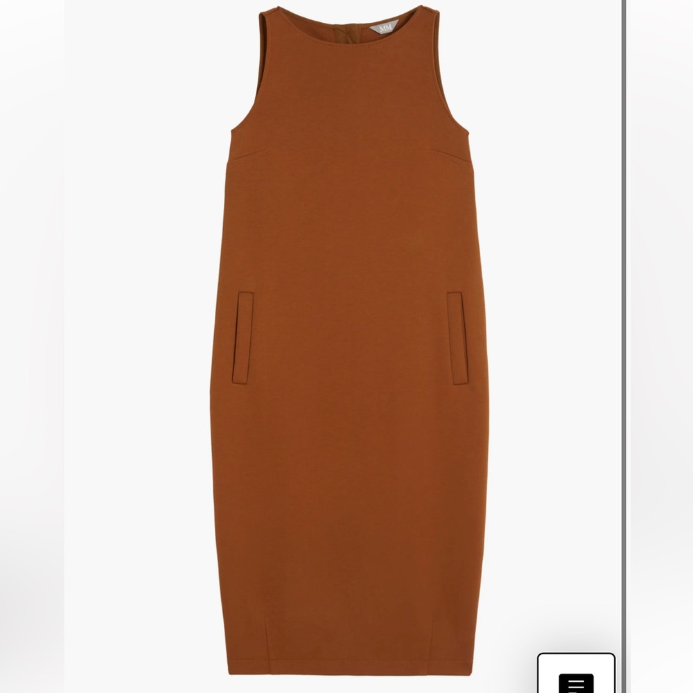 NWT MaxMara Albio Sleeveless Midi Shift Dress in Tobacco, Size Large.